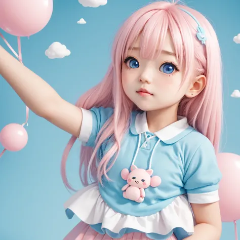 Cute girl made of marshmallow, chibi character, light pink, light blue, light yellow looks good,