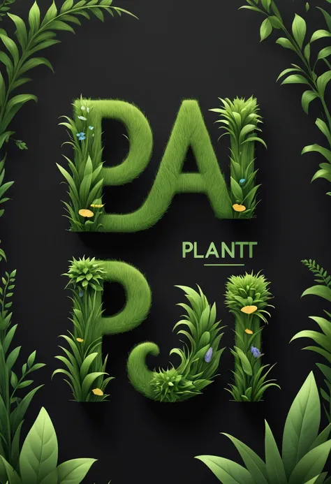 Logo "plant", text as "plant", creative Font Design, typeface, spirit of Grass, Message card design, magical letter-shaped animals, magical creatures, txt says "plant"