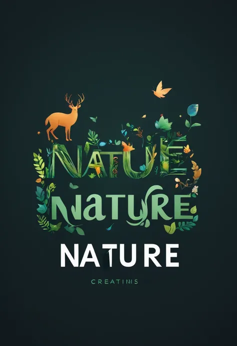 Logo "nature", text as "nature", creative Font Design, typeface, spirit of nature, magical letter-shaped animals, magical creatures, txt says "nature"