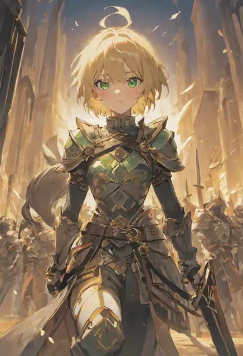 Blonde short hair warrior, green eyes, strong and tall, Wearing black plate armor, Wielding long swords and arranging battle formations，Look serious. anime art style, good quality, Medieval city in the background, looking at the audience, Half body, portra...