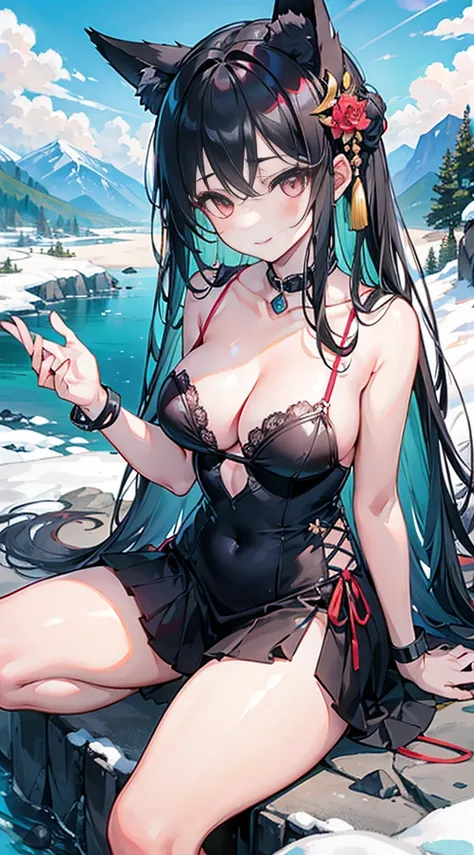 high quality, masterpiece, Super detailed, 1 girl,  and clearly visible, alone, 黑色蕾丝mountain climbing羽绒服，Maid tiara，BDSM,handcuffs，collar，calm expression,bright red lips，Smile，handcuffs，collar，long black hair, charming pink eyes, fox ears, Ridiculously big...