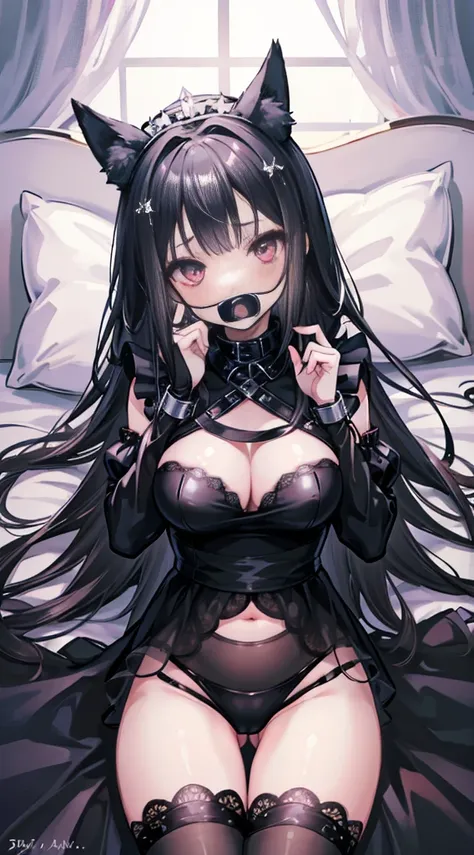 high quality, masterpiece, Super detailed, 1 girl,  and clearly visible, alone, Black lace latex pajamas，Maid tiara，BDSM,handcuffs，collar，gagged，calm expression,cry，handcuffs，collar，long black hair, charming pink eyes, fox ears, Ridiculously big, shiny ski...