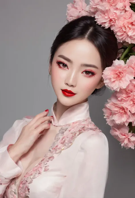 Chinese face，One picture，full body photo，sexy woman，Red and pink lipstick((,holding flowers)),Elegant and proportionate shape,sweet smile,be happy