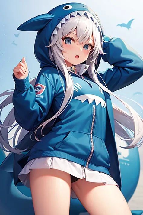 a girl in a shark hoodie