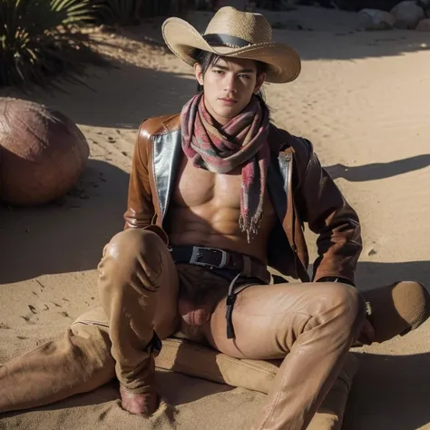 ((masterpiece)), ((best quality:1.2)), High Resolution, 8k, (ultra_realistic:1.3), (photorealistic:1.4), sharp focus,  1boy, (perfect face), cowboy ,   handsome sexy ,abs,  latex string thong , shirtless , mask scarf , cowboy hat , gloves, boots, ammunitio...