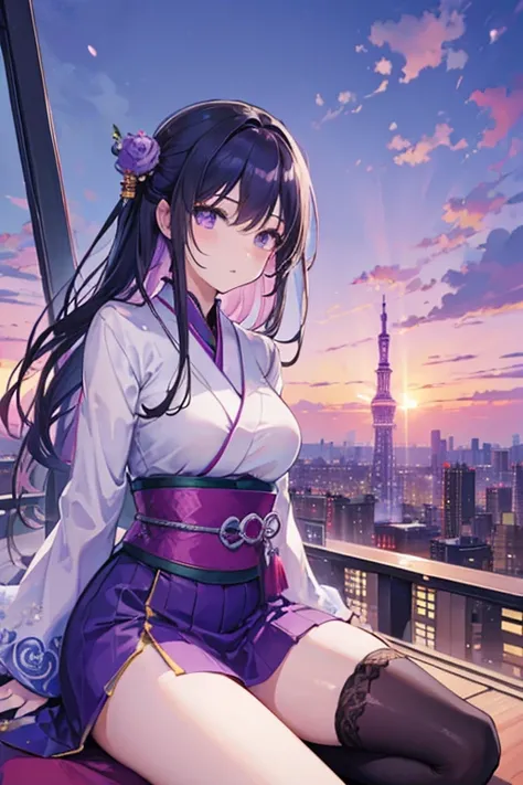 a woman sitting on top of a building with a city in the background, a picture, by Ren Renfa, tumblr, avatar image, japan tokyo skytree, at purple sunset, gif
