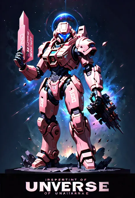 text as "universe", creative Font Design, typeface, spirit of rose, Mech Warrior holding-sign-saying ("universe":1.3), (best quality, masterpiece, Representative work, official art, Professional, Ultra high detail, 8k:1.3)