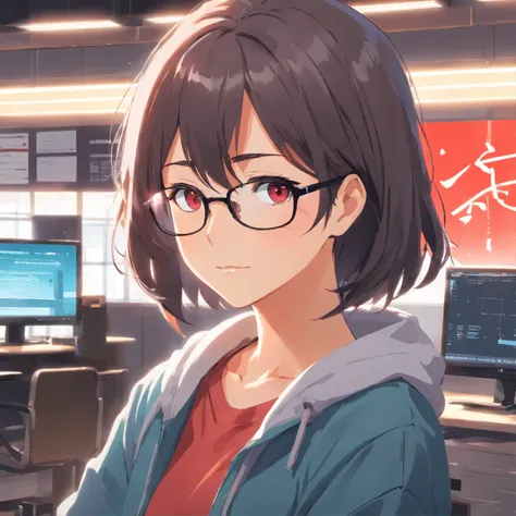 Mujer de ojos rojos de pelo gris liso con colmillos y ropa informal. Anime, wearing glasses, square-framed glasses, sharp features, detailed face, black hair, cool look, 16 y