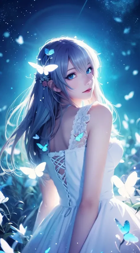 1 girl,light blue long hair,blue eyes,white clothes with blue decorations,many glowing white butterflies, night sky, magic light,high fantasy,anime art wallpaper 4k, beautiful anime artwork, beautiful anime art, beautiful fantasy anime, anime wallpaper 4k,...