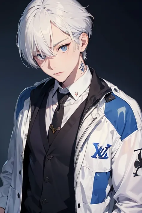 1 boy, tall, handsome, (wearing Louis Vuitton clothes), Standing in front of a sportsbike, handsome, (White hair with blue shade), black eyes, (Have a small crucifix tattoo near his eye), (have a small scar near his lip), Windbreaker_Joker, no abnormality,...