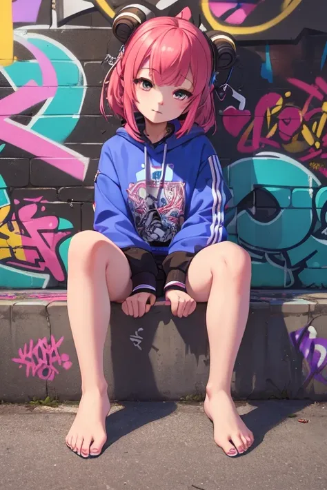 One Girl In A Back Alley、(Super Detail)、(8K)、((Hip Hop Fashion))、(graffiti wall)、(full body Esbian)、(hyperdetailed face)、(Detailed feet)、(Detailed hand)、(Cool Face)、(sitting with knees arised)、(Put your hands on your knees)