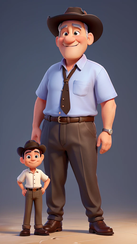 Create a beautiful Disney Pixar style scene of a handsome, chubby, bald, sixty-year-old man, with black hair and a black hat, smiling, no beard, light brown eyes, wearing a white short-sleeved dress shirt and dark blue jeans with a black belt. He is wearin...