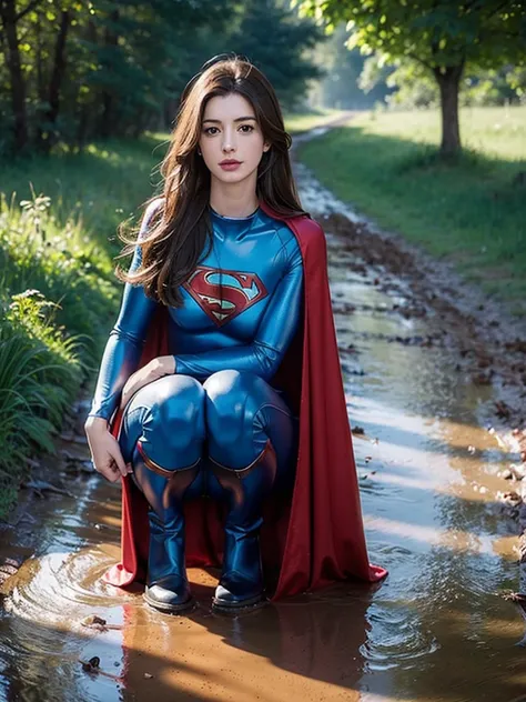 Anne Hathaway has long brown hair，White skin，Big breasts and butt，long legs，slender legs，Wearing a blue shiny full-coverage tight-fitting Superman suit，Red over-the-knee boots，red cloak，，Squatting on a muddy dirt road，Body facing the camera，Clothes covered...