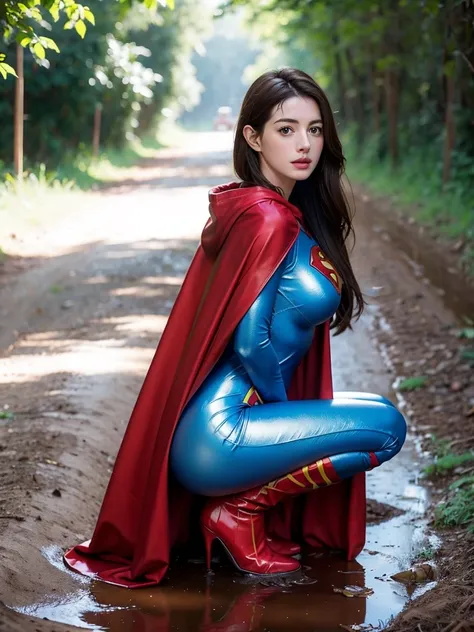 Anne Hathaway has long brown hair，White skin，Big breasts and butt，long legs，slender legs，Wearing a blue shiny full-coverage tight-fitting Superman suit，Red over-the-knee boots，red cloak，，Squatting on a muddy dirt road，Body facing the camera，Clothes covered...