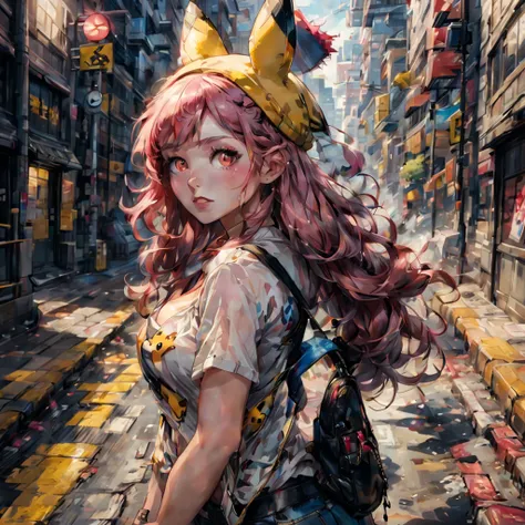 best quality, intricate 1,2 , ultra detailed, single meid with pikachu, pokemon trainer, long hair, messy hair, beret, light roze hair, pink eyes, full lips, famale form. breasts medium natural, city background, glossy lipstick, open shirt, back pack, clea...