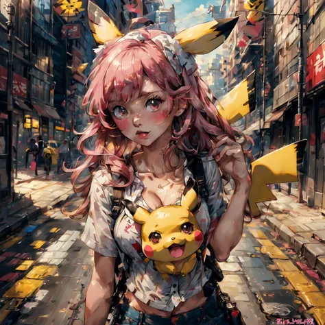 best quality, intricate 1,2 , ultra detailed, single meid with pikachu, pokemon trainer, long hair, messy hair, beret, light roze hair, pink eyes, full lips, famale form. breasts medium natural, city background, glossy lipstick, open shirt, back pack, clea...