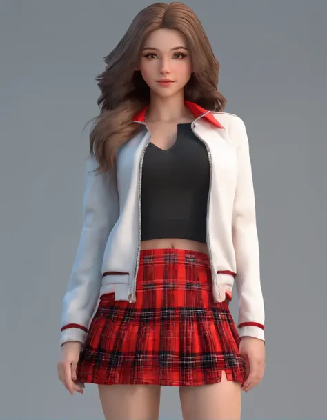 a teenage girl, dressed in a sexy  , white polo jacket and open black blouse, red plaid pleated miniskirt, alone, tight thighs, exposed breasts, long hair, hair over one eye, short skirt, light, 