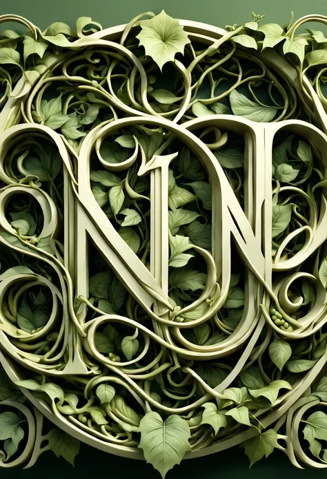 text logo, (a complex and elegant font design inspired by nature, with intertwining vines and leaves forming the letters), digit...