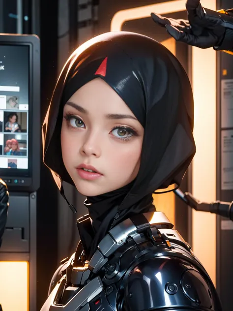 MASTERPIECE, BEST QUALITY, REALISTIC, PHOTOREALISTIC, ULTRA CINEMATIC, SHINY SKIN 1 GIRL IN HIJAB IN A FUTURISTIC COMMAND CENTER, STRATEGICALLY COORDINATING HER MECHA SUITS ACTIONS TO RESPOND TO A CRISIS, SHOWCASING HER LEADERSHIP AND INTELLIGENCE, BEST LI...