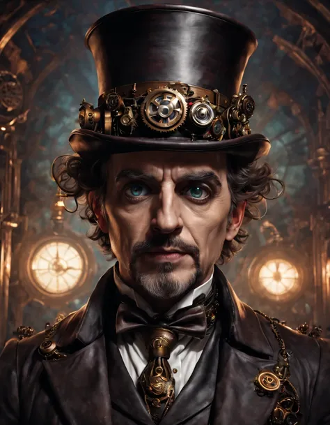 there is a man with a top hat, suit and tie, steampunk male portrait, close-up portrait of an artificer, hyper-detailed fantasy ...