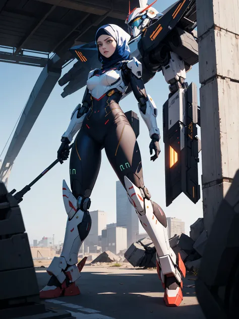 MASTERPIECE, BEST QUALITY, REALISTIC, PHOTOREALISTIC, FULL BODY, ULTRA CINEMATIC, 1 GIRL IN HIJAB IN A FUTURISTIC COMMAND CENTER, STRATEGICALLY COORDINATING HER MECHA SUITS ACTIONS TO RESPOND TO A CRISIS, SHOWCASING HER INTELLIGENCE, BEST LIGHTING, DETAILE...