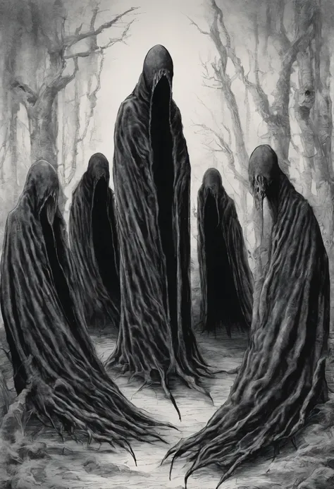 Cluster of five humanoid leeches, covered by black cloaks