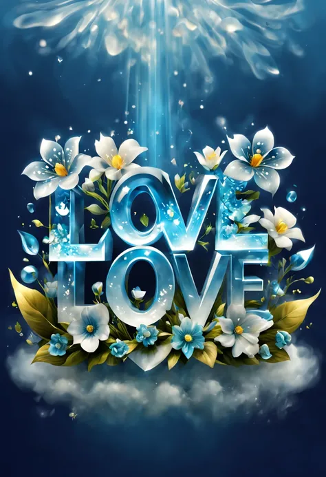    L0VE logo L0VE references 3D font design L0VE creative font design with distinctive style，Crystal clear digital art details the best masterpieces, best quality, Bright delicate blue white crystal clear crystal beautiful flowers and crystals, glowing flo...