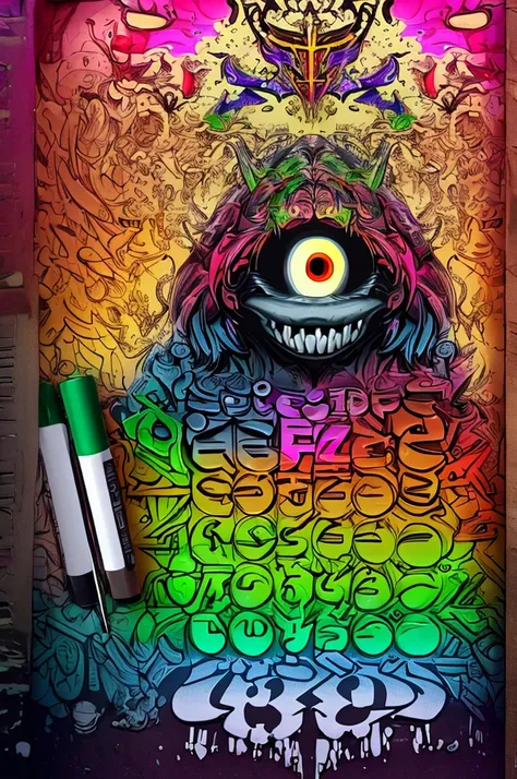 An insane goblin with a box of multicolored crayons scribbles the alphabet A to Z, upper and lower case, show full alphabet, this is for a font design