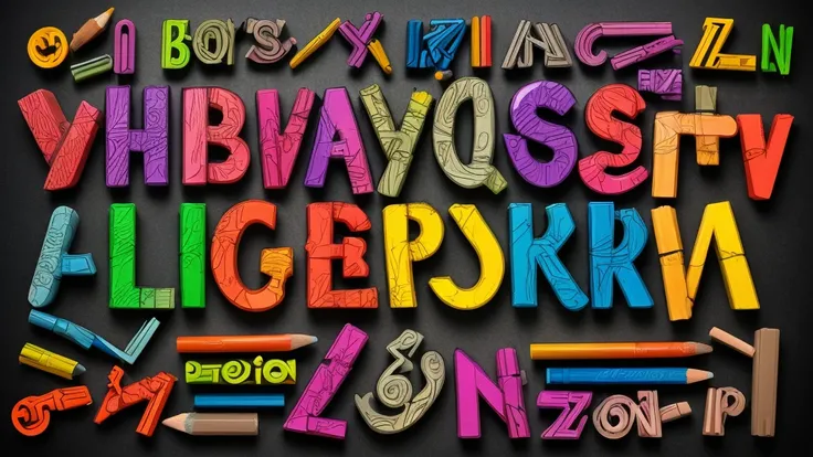 An insane goblin with a box of multicolored crayons scribbles the alphabet A to Z, upper and lower case, show full alphabet, this is for a font design