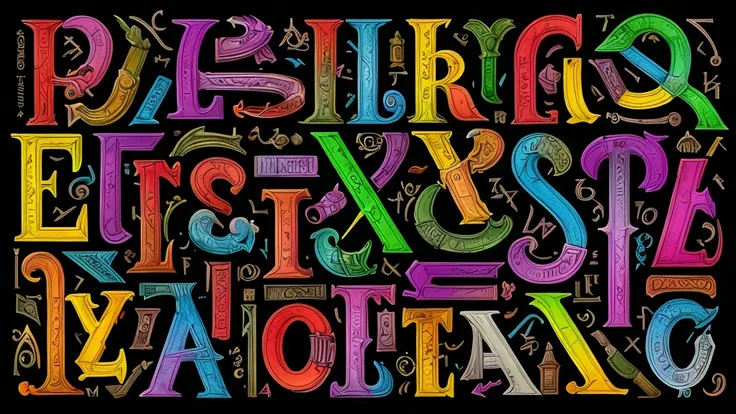 An insane goblin with a box of multicolored crayons scribbles the alphabet A to Z, upper and lower case, show full alphabet, this is for a font design