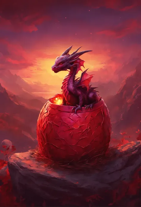 baby dragon,  dragons red egg in nest cracked, hatching egg, red sky