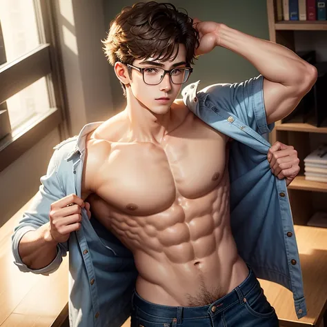 high school senior, Handsome，rays of sunshine，Lift your clothes to reveal your abs，Wearing half-rimmed glasses 