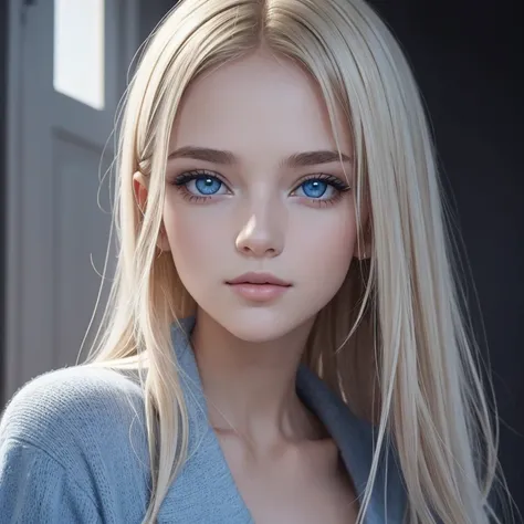 Créez le portrait en pied dune jeune femme blonde, assez grande, aux yeux bleus. Limage doit être réalisée dans un style réaliste avec une attention particulière aux détails. Utilisez une lumière distincte et chaleureuse pour mettre en valeur les traits du...