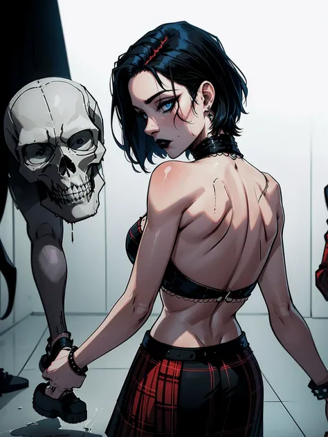 a woman with short black hair, hair on shoulders,  wearing a black cropped  and plaid skirt, blue eyes, zombie art, gothic art, cute aesthetic with vibe, toon aesthetic, wearing red costume, wearing gothic accessories, look like Cassie Hack, upper body, wa...