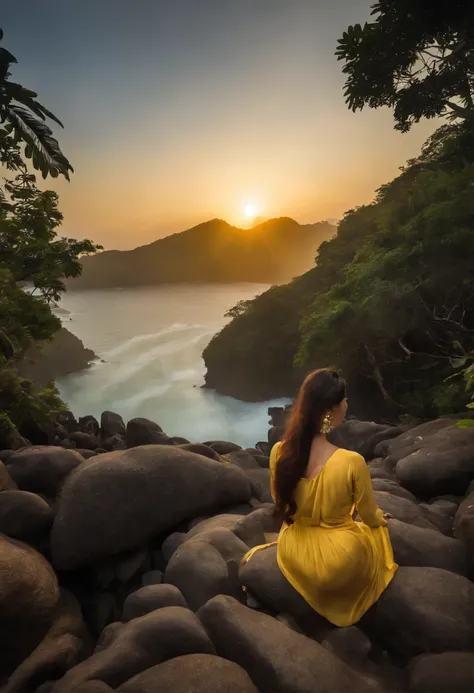 pemandangan foto panjang,wanita medusa,berpose aksi dinamis,memegang tongkat emas, sabuk gelap,liontin,hiasan tangan yang rumit, menghadap kamera, laut, gunung, batu, mahkota athena, setengah wanita setengah ular, tunjukan detail wajah nya, latar belakang ...