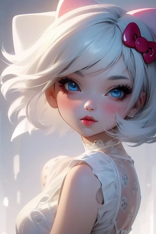 make hello kitty as a human,girl,white hair,lips,blue eyes,short hair