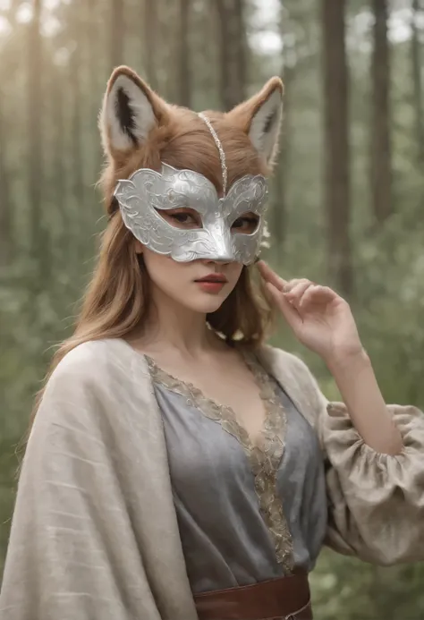 Draw a picture of Lalisa wearing a wolf mask, Capturing her duality between feminine beauty and the wild force of nature