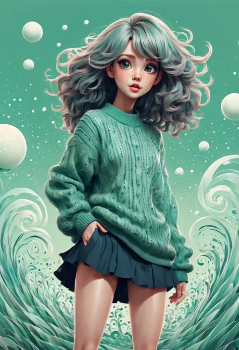 (best quality, highres, ultra sharp), (magical cute girl:1.2). Standing, Full body view, long legs. unique style, standing, long neck, large head, exaggerated hair, fluffy hair, small freckles, exaggerated expression, surreal, duck egg green sweater with s...