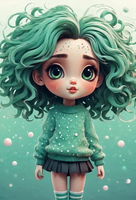 (best quality, highres, ultra sharp), (magical cute girl:1.2). Standing, Full body view, long legs. unique style, standing, long neck, large head, exaggerated hair, fluffy hair, small freckles, exaggerated expression, surreal, duck egg green sweater with s...