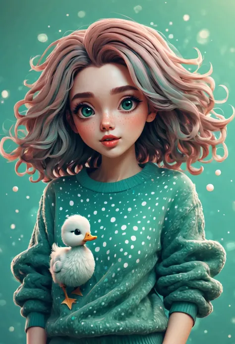 (best quality, highres, ultra sharp), (magical cute girl:1.2). Standing, Full body view, long legs. unique style, standing, long neck, large head, exaggerated hair, fluffy hair, small freckles, exaggerated expression, surreal, duck egg green sweater with s...