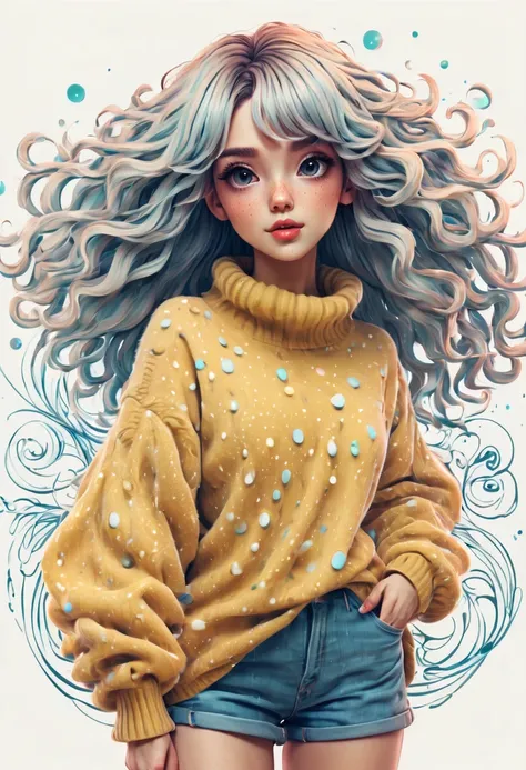 (best quality, highres, ultra sharp), (magical cute girl:1.2). Standing, Full body view, long legs. unique style, standing, long neck, large head, exaggerated hair, fluffy hair, small freckles, exaggerated expression, surreal, duck egg yellow sweater with ...