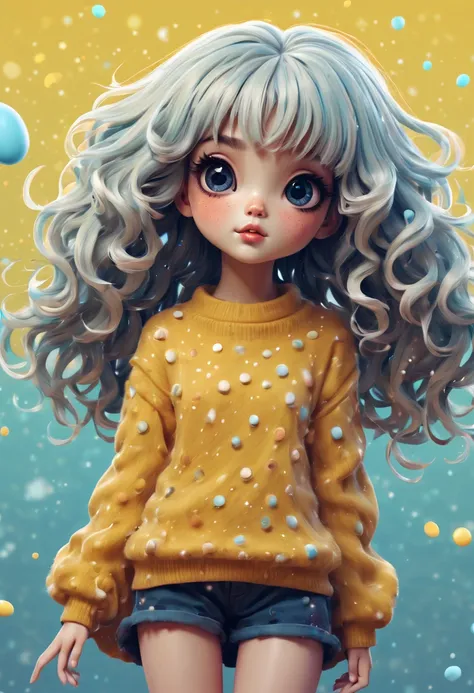 (best quality, highres, ultra sharp), (magical cute girl:1.2). Standing, Full body view, long legs. unique style, standing, long neck, large head, exaggerated hair, fluffy hair, small freckles, exaggerated expression, surreal, duck egg yellow sweater with ...