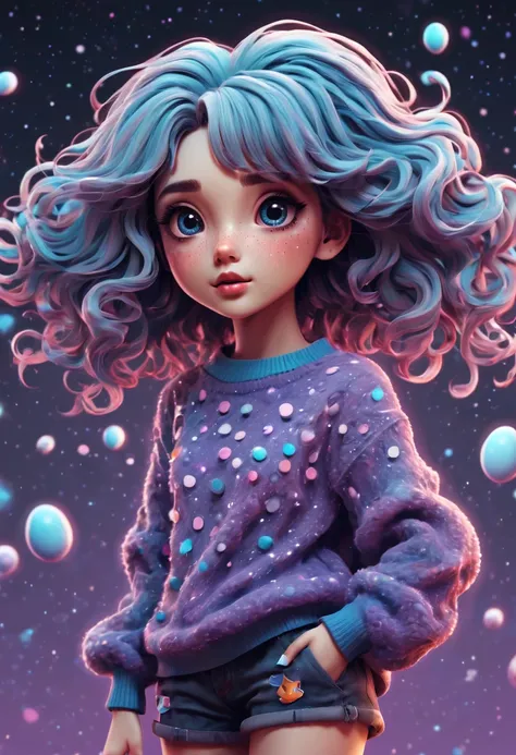 (best quality, highres, ultra sharp), (magical cute girl:1.2). Standing, Full body view, long legs. unique style, standing, long neck, large head, exaggerated hair, fluffy hair, small freckles, exaggerated expression, surreal, duck egg puple sweater with s...