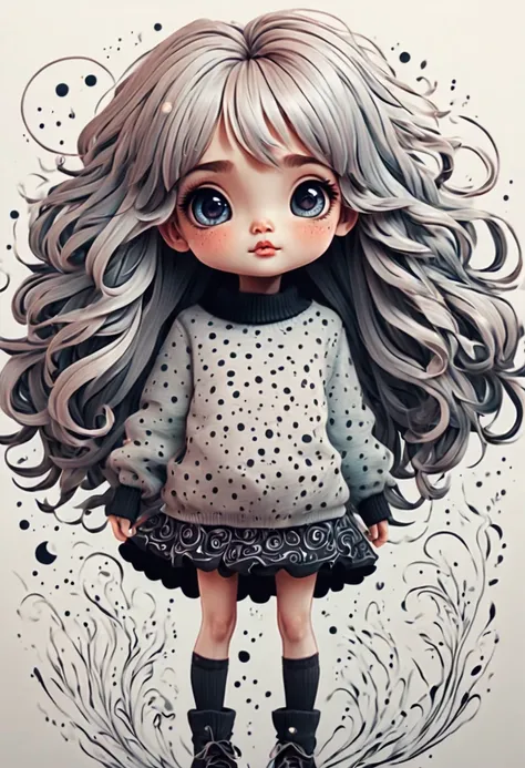 (best quality, highres, ultra sharp), (magical cute girl:1.2). Standing, Full body view, long legs. unique style, standing, long neck, large head, exaggerated hair, fluffy hair, small freckles, exaggerated expression, surreal, duck egg black sweater with s...