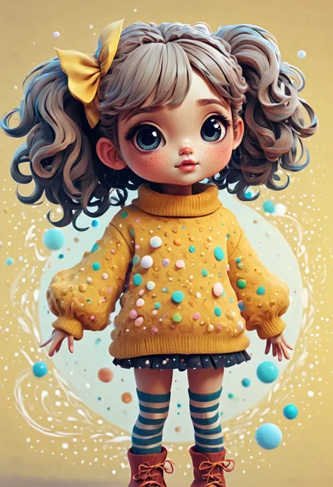 (best quality, highres, ultra sharp), (magical cute girl:1.2). Standing, Full body view, long legs. unique style, standing, long neck, large head, exaggerated hair, fluffy hair, small freckles, exaggerated expression, surreal, duck egg yellow sweater with ...