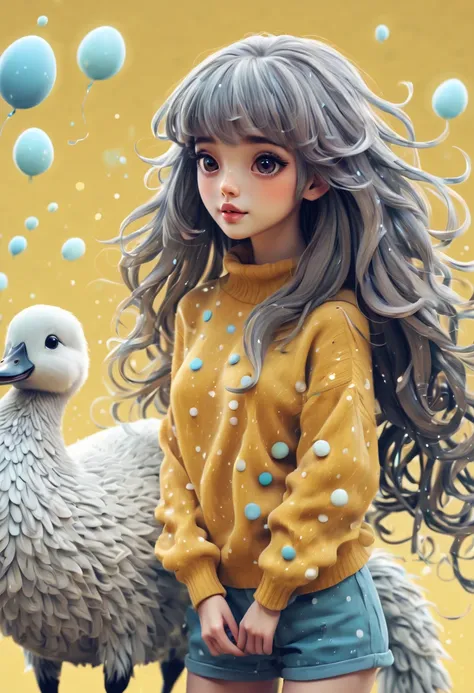 (best quality, highres, ultra sharp), (magical cute girl:1.2). Standing, Full body view, long legs. unique style, standing, long neck, large head, exaggerated hair, fluffy hair, small freckles, exaggerated expression, surreal, duck egg yellow sweater with ...