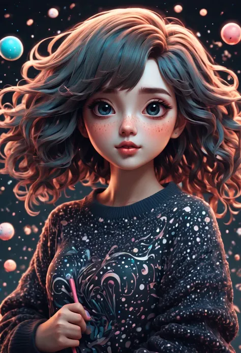 (best quality, highres, ultra sharp), (magical cute girl:1.2). Standing, Full body view, long legs. magical style, standing, long neck, large head, exaggerated hair, fluffy hair, small freckles, exaggerated expression, surreal, duck egg black sweater with ...