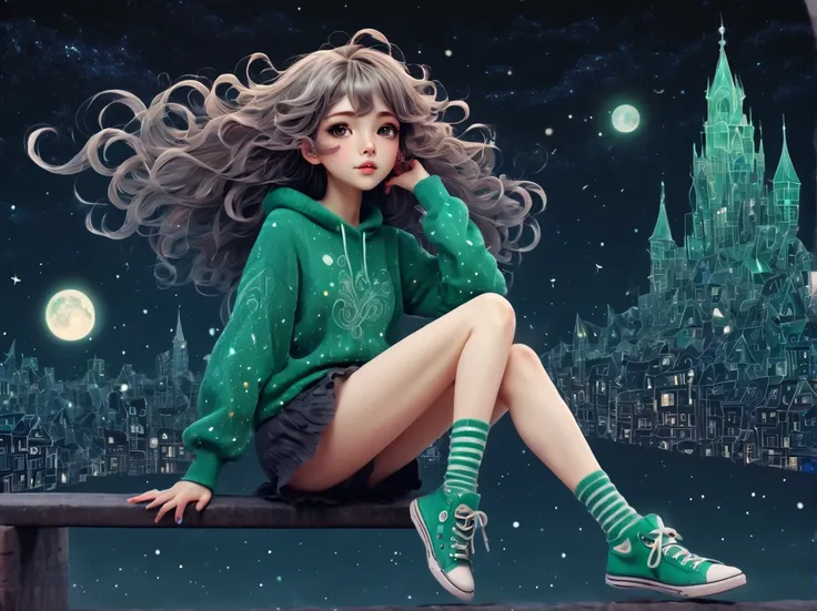 (best quality, highres, ultra sharp), (magical cute girl:1.2). with (exaggerated hair, huge fluffy hair, expanded hair, exagerated voluminous hair, small freckles, green sweater with small dots, details, horsehair, fluffy, socks, magic background, cute art...