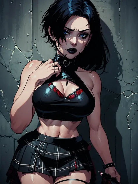 a woman with short black hair, hair on shoulders,  wearing a black cropped  and plaid skirt, blue eyes, zombie art, gothic art, cute aesthetic with vibe, toon aesthetic, wearing red costume, wearing gothic accessories, look like Cassie Hack, upper body, ho...