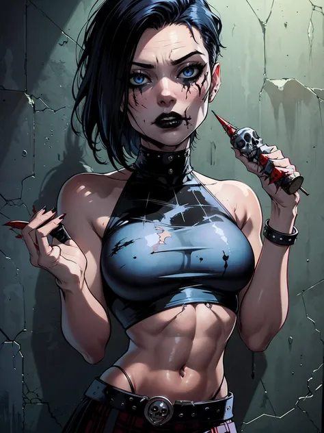 a woman with short black hair, hair on shoulders,  wearing a black cropped  and plaid skirt, blue eyes, zombie art, gothic art, ...